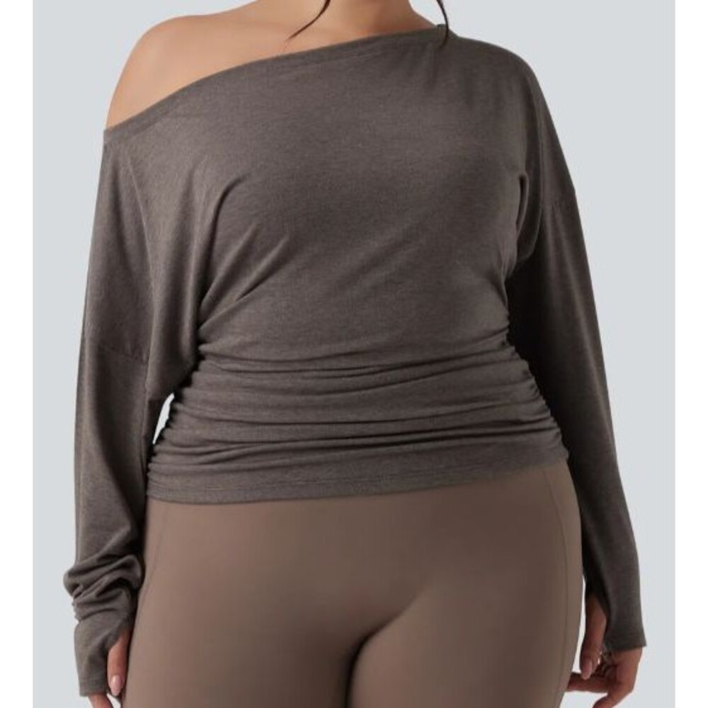 Halara Brown Side Ruched Lightweight Off Shoulder Thumb Hole Top Plus Size 2X